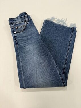 Quince High Rise Wide Leg Cropped Jeans Medium Wash Raw Frayed Hem Size 24
